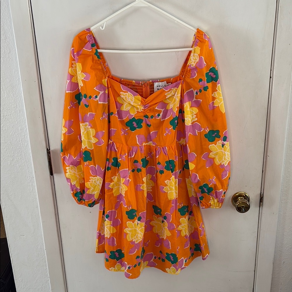Hello Molly Sweet Macaron orange tropical print mini dress puffy sleeve Sz M